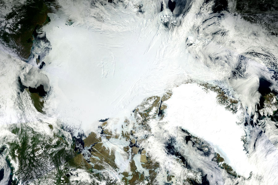 
       2011 composite satellite image shows the expanse of Arctic sea ice and the Greenland Ice Sheet.
    
