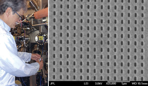 
        <strong>Left:</strong> Doug Bell preparing samples. 
        <br/>
        <strong>Right:</strong> Array of rectangular holes in a 50 nm aluminum layer. The holes are 150 x 50 nm in size and are fabricated by electron-beam lithography.
    