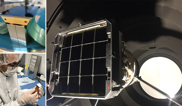 
        Palomar’s Zwiki Transient Facility (ZTF; near photograph) and WaSP Wafer Scale Prime camera (not shown) use identical devices provided by MDL for Guide and Focus. Tim Goodsall holding a 2D doped device.
    