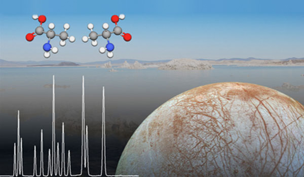 
        Signatures of life on other worlds (such as Europa, pictured at lower right) can come from distributions of amino acids encountered in samples, by using capillary electrophoresis (raw data shown at lower left). Using our methods we have detected all three biosignatures mentioned above in samples collected from Mono Lake, California, a known astrobiology analogue location.
 
    
