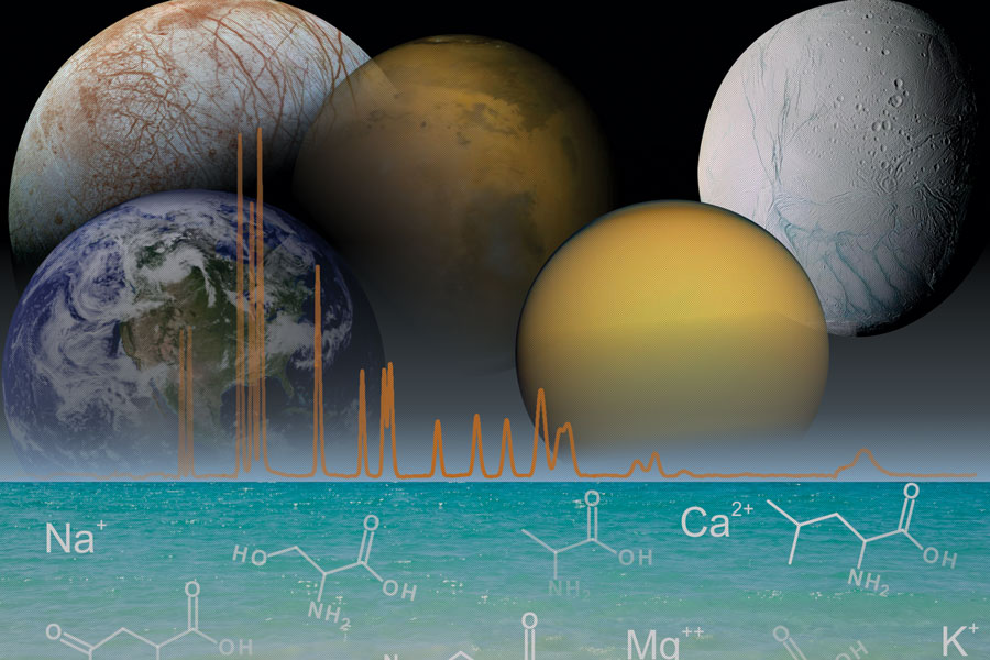 
       This picture represents the analysis of inorganic salts and amino acids, important biosignatures in the search for extraterrestrial life, in samples of high salinity. Samples from Ocean Worlds such as Europa and Enceladus are expected to contain high amounts of salts. We have developed a method capable of simultaneous determination of all these species, regardless of the sample salinity. This method could be used in future missions targeting Ocean Worlds to determine the concentration of salts, to evaluate habitability, as well as to identify samples with potential biosignatures.
    