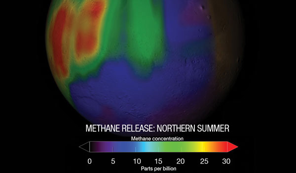 
        Concentrations of methane discovered on Mars using ground-based telescopic measurements by Mumma et al. 2004. 
    