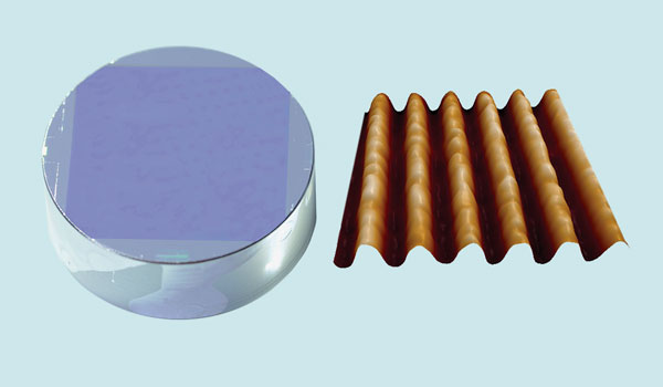 
        <strong>Left:</strong> E-beam fabricated ultraviolet grating for Mars 2020 SHERLOC. Right: A scanning electron microscope image of an e-beam-fabricated sinusoidal ultraviolet reflective grating for Mars 2020 SHERLOC.
    