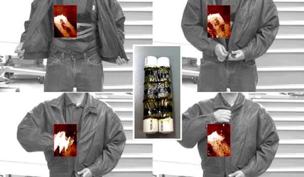 
        The 340-GHz transceiver array has now enabled 8.3-Hz frame rate through clothes standoff radar imaging for personnel screening security applications. Here are four frames of a movie including the real-time overlay of 340-GHz radar imagery of a fake pipe bomb (inset) hidden underneath a heavy leather jacket. 
    