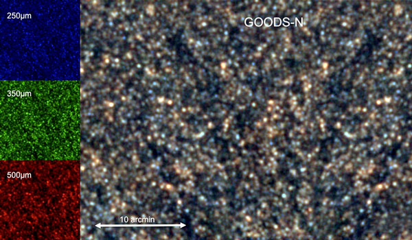 
        A false-color image of thousands of distant, luminous, unresolved galaxies as seen by SPIRE. Color coding information indicates the temperatures and distances of the galaxies. Image courtesy of ESA/SPIRE Consortium/HerMES Key Programme Consortium.
    