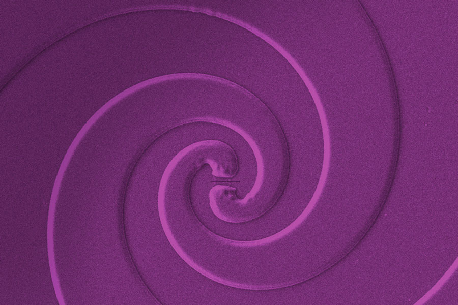 
       Scanning Electron Microscope (SEM) image of an MgB<sub>2</sub> Josephson mixer fabricated using a He+ ion beam. The raised spiral is the gold antenna for frequencies from ~200 GHz to 5 THz. There is an ultra-thin superconducting MgB<sub>2</sub> bridge across the center of the spiral and the narrow line through the bridge is the He+ ion beam irradiation creating a weak-link Josephson Junction across this line.
    