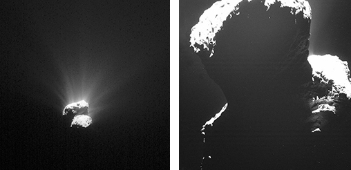 RIGHT: The southern hemisphere of Comet 67P/Churyumov-Gerasimenko, in a NAVCAM image taken on 26 August 2015. Credits: ESA/Rosetta/NAVCAM – CC BY-SA IGO 3.0. LEFT: Image of the southern polar regions of Comet 67P/C-G taken with Rosetta's OSIRIS imaging system. Credits: ESA/Rosetta/MPS for OSIRIS Team, MPS/UPD/LAM/IAA/SSO/INTA/UPM/DASP/IDA ESA/Rosetta/MPS for OSIRIS Team, MPS/UPD/LAM/IAA/SSO/INTA/UPM/DASP/IDA.